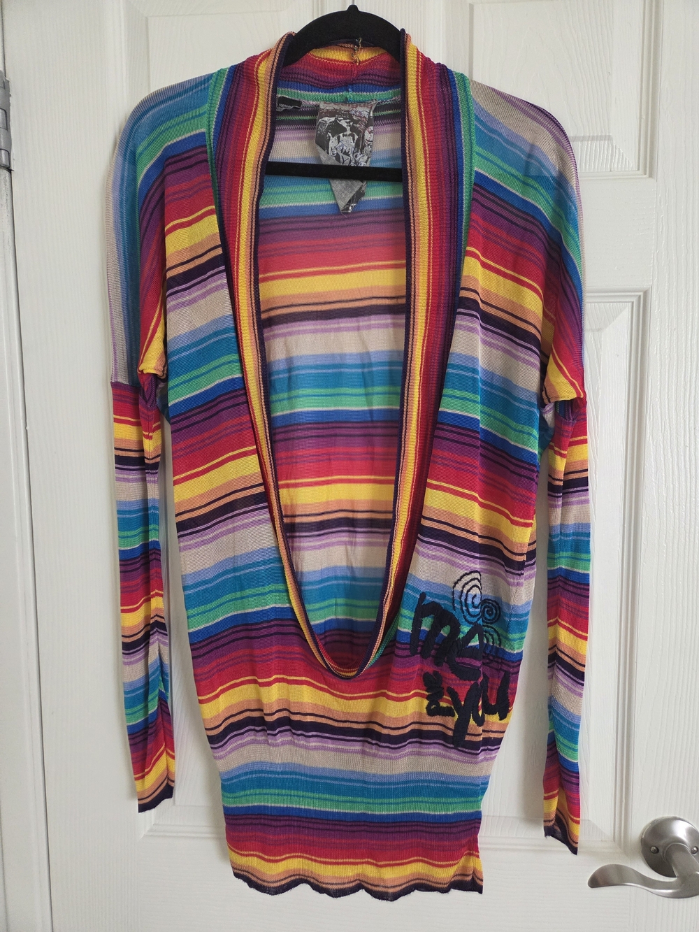 Desigual Rainbow Striped Deep V-Neck Mesh Tunic Sweater Cardigan